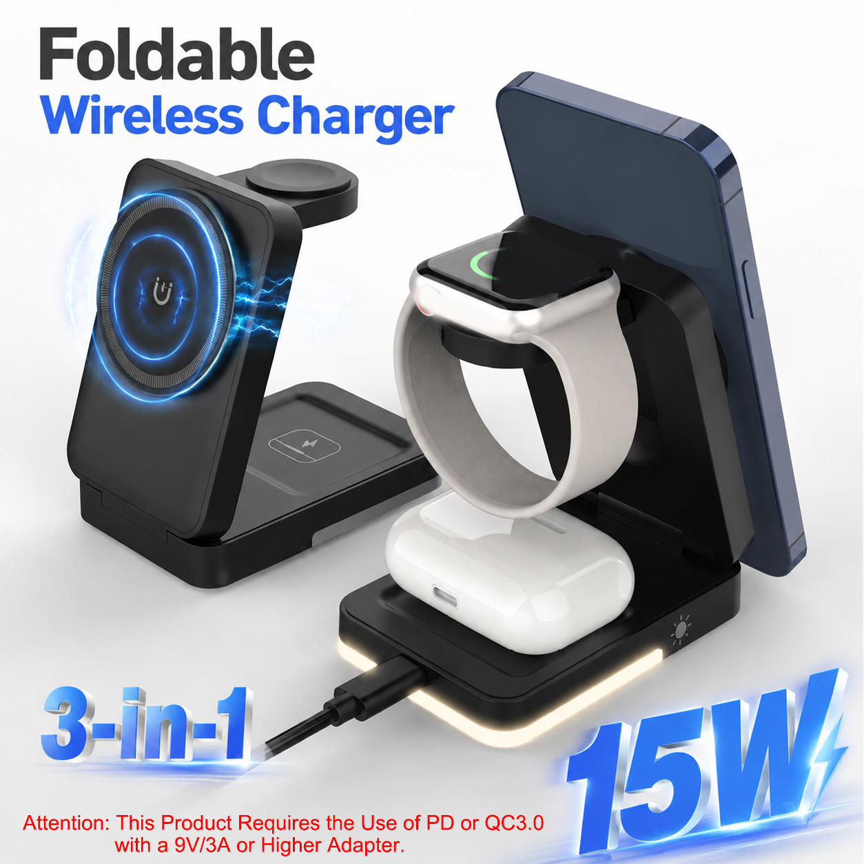 Wireless Charger 3 In 1 - Pengisi Daya Nirkabel Lipat 3-in-1 15W
